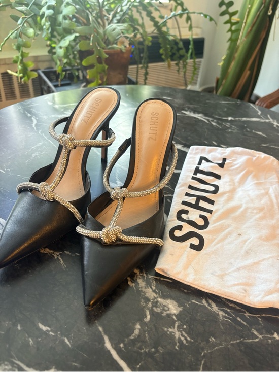 SCHUTZ Shoes - SCHUTZ Black Pointed Toe Crystal-Knot Slingback Pumps